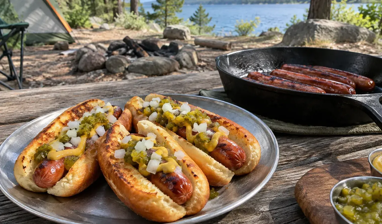 Cast-Iron Hot Dogs in a Buttered, Toasted Bun with Mustard Onions