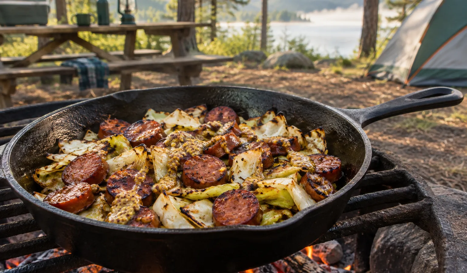 Cast-Iron Kielbasa and Cabbage Skillet with Whole-Grain Mustard