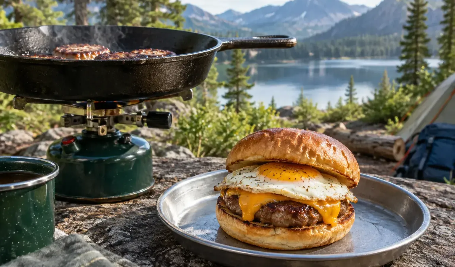 Cast-Iron Maple Sausage Breakfast Burger with Fried Egg and Sharp Cheddar