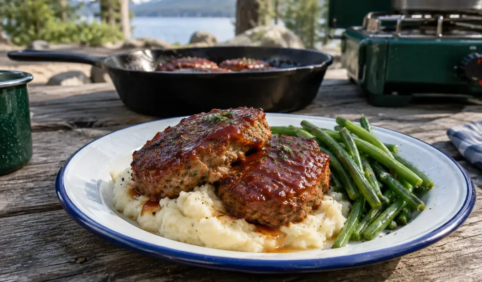 Cast-Iron Meatloaf Patties with Ketchup Glaze and Mashed Potatoes, an American Food Classic