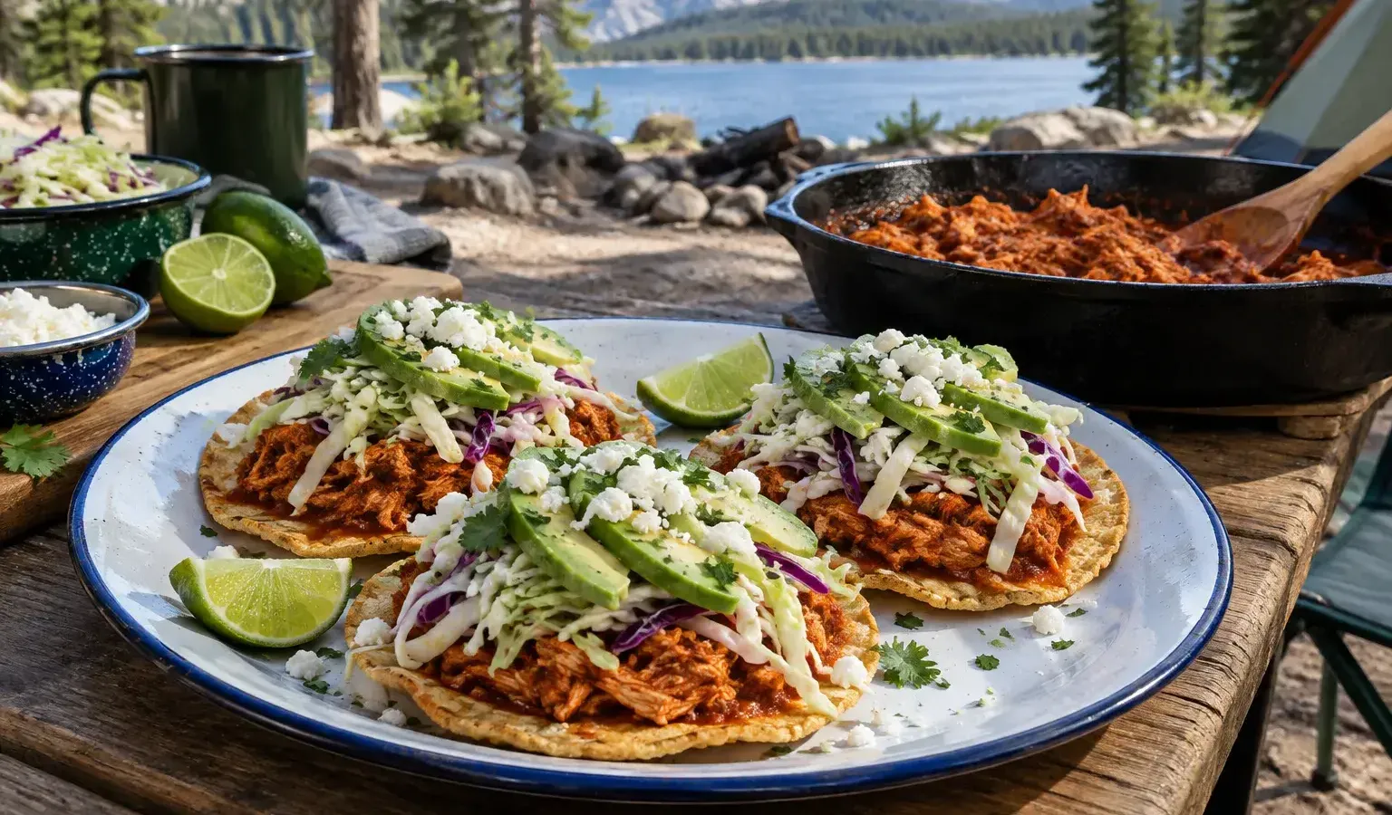 Cast-Iron Mexican Chicken Tinga Tostadas with Chipotle and Lime Slaw