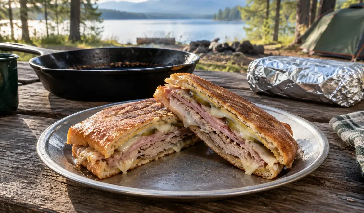 Cast-Iron Pressed Cuban Sandwich Camping Recipe with Ham, Roast Pork and Swiss