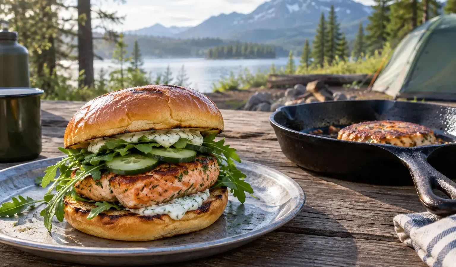 Cast-Iron Salmon Burgers with Lemon-Dill Yogurt Sauce and Quick Cucumbers