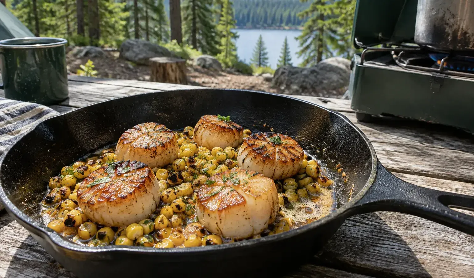 Cast-Iron Seared Scallops with Charred Corn and Brown Butter