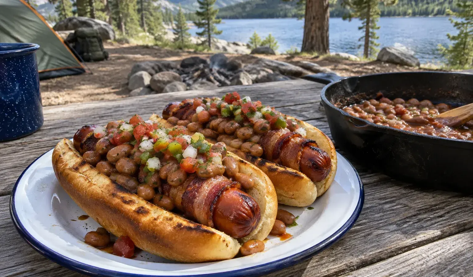 Cast-Iron Sonoran-Style Bacon-Wrapped Hot Dogs with Pinto Beans and Jalapeño Salsa