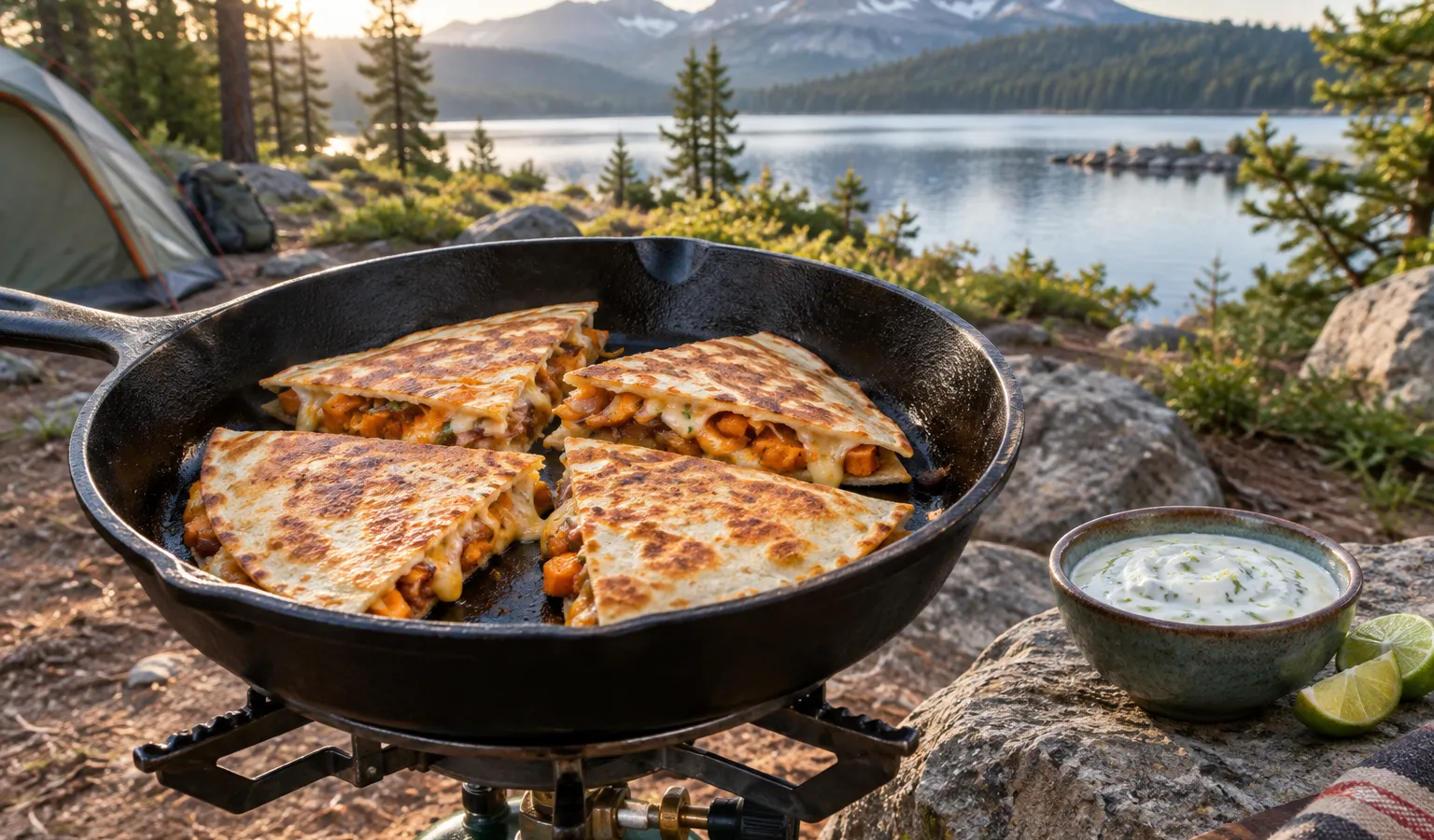Cast-Iron Sweet Potato and Black Bean Quesadillas with Lime Crema
