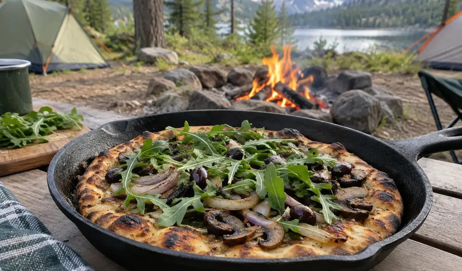 Cast-Iron Vegan Flatbread Pizzas with Mushrooms, Onion and Lemony White Bean Spread