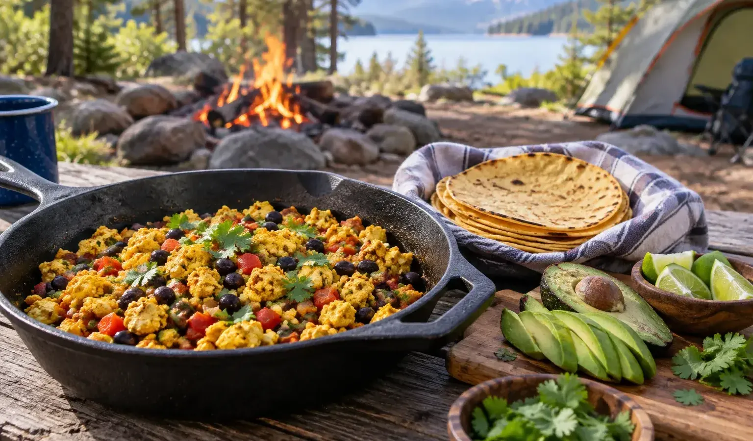 Cast-Iron Vegan Tofu Scramble Breakfast Tacos with Black Beans and Avocado
