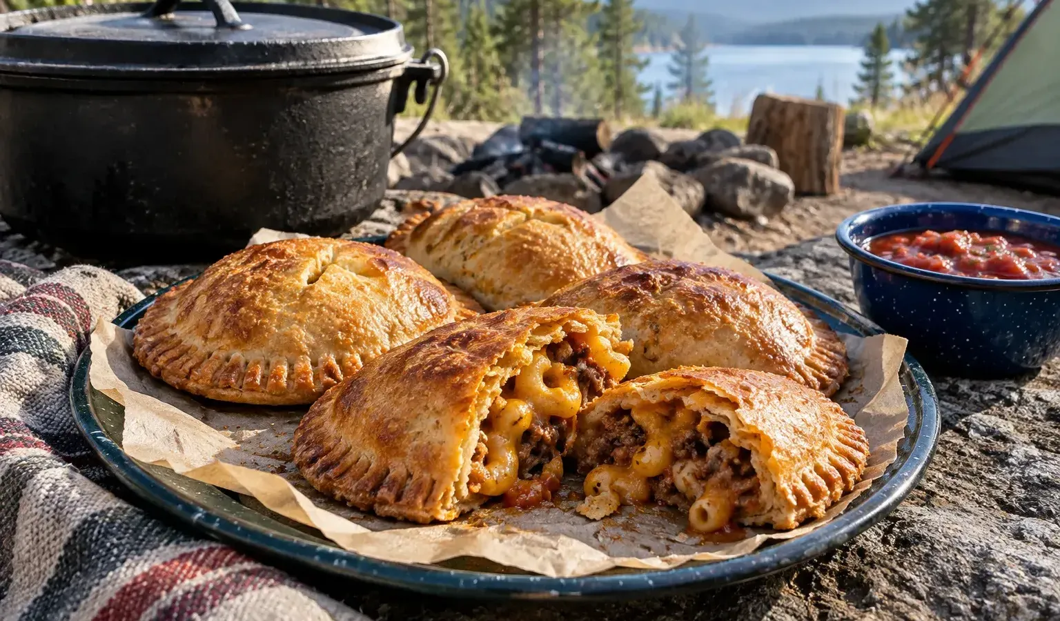 Chili Mac Hand Pies Baked in a Camp Dutch Oven with Cheddar and Biscuit Crust