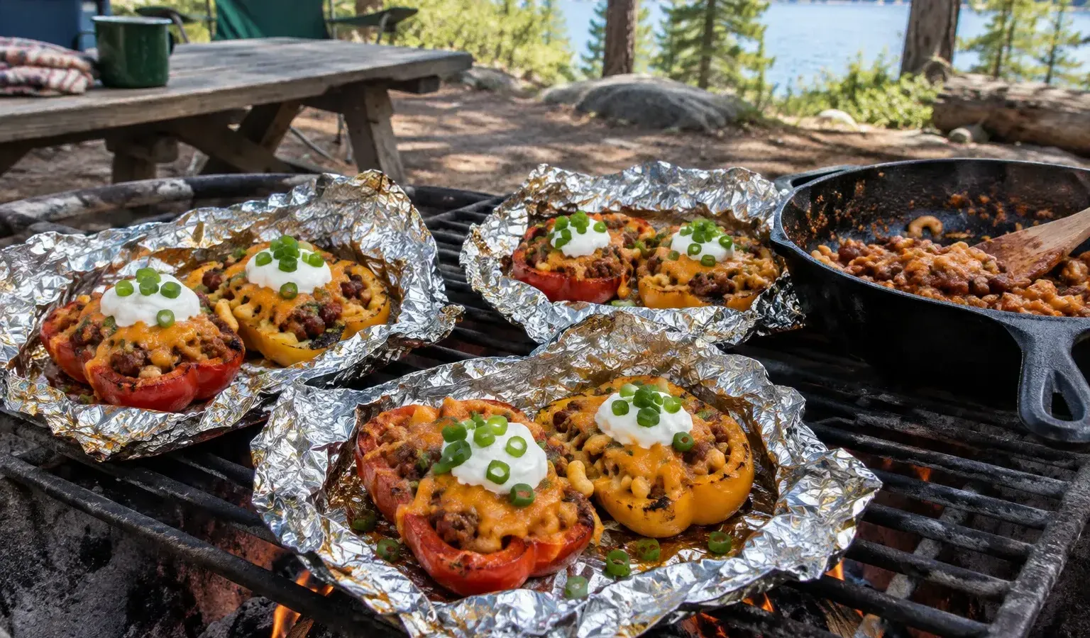 Chili Mac Stuffed Peppers in Foil Packets over the Campfire