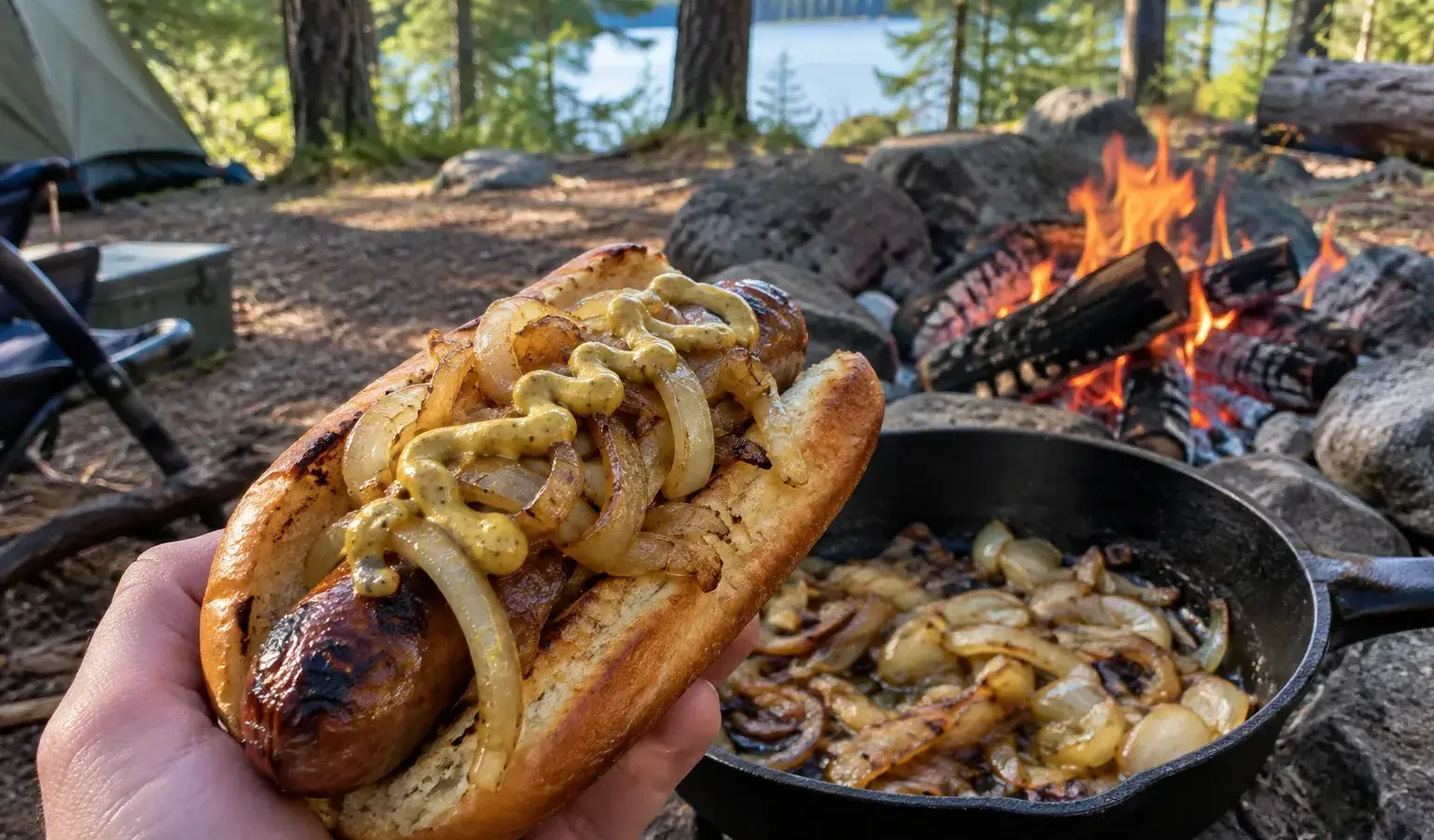 Classic Campfire Food: Beer-Simmered Brats with Charred Onions and Mustard