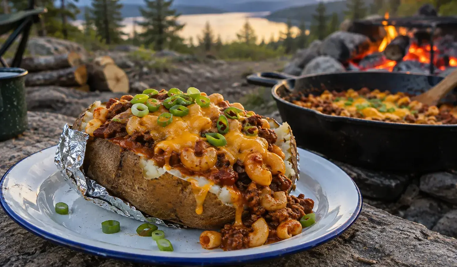 Coal-Roasted Baked Potatoes Loaded with Chili Mac, Cheddar and Scallions