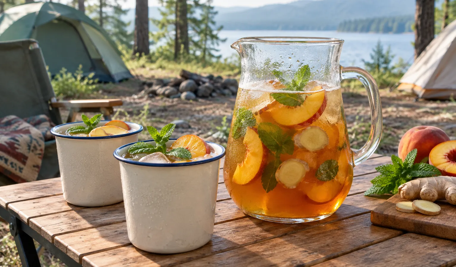 Cold-Steeped Peach Ginger Iced Tea with Mint (No-Cook Camp Drink)