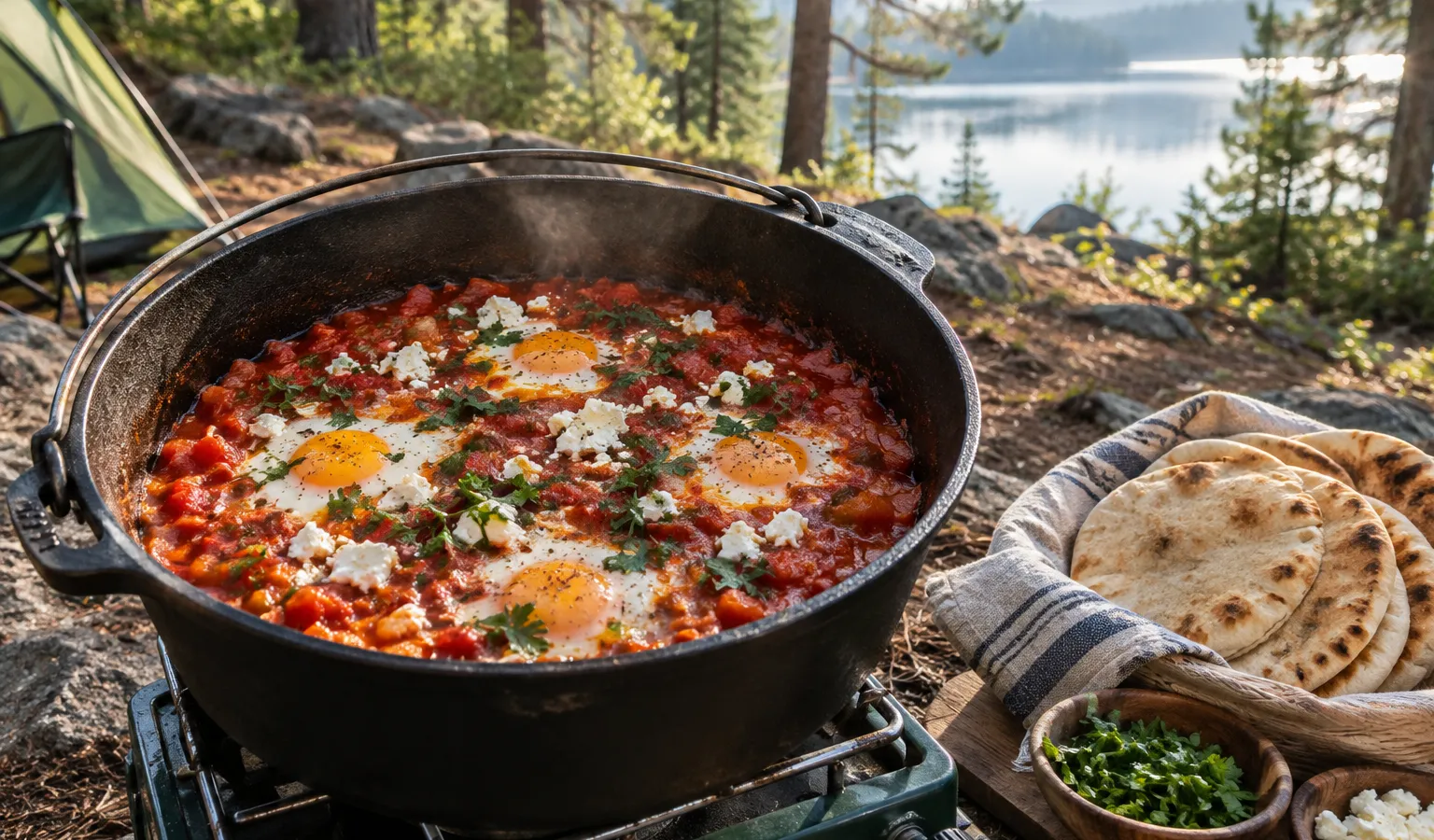 Dutch Oven Camp Shakshuka with Feta and Warm Pita