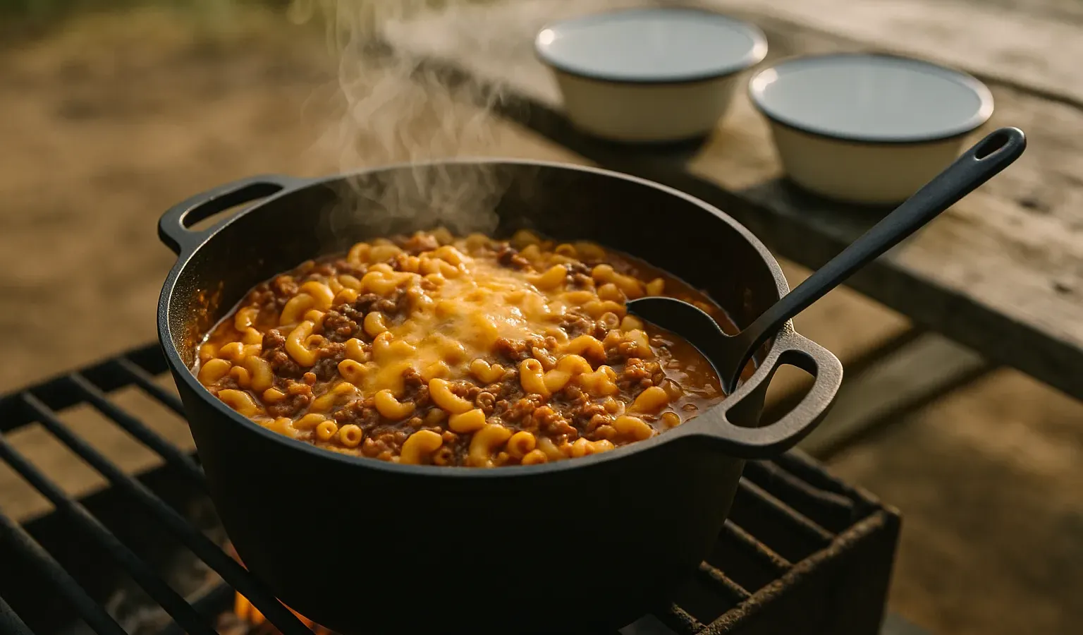 Dutch Oven Campfire Chili Mac with Beef and Beans