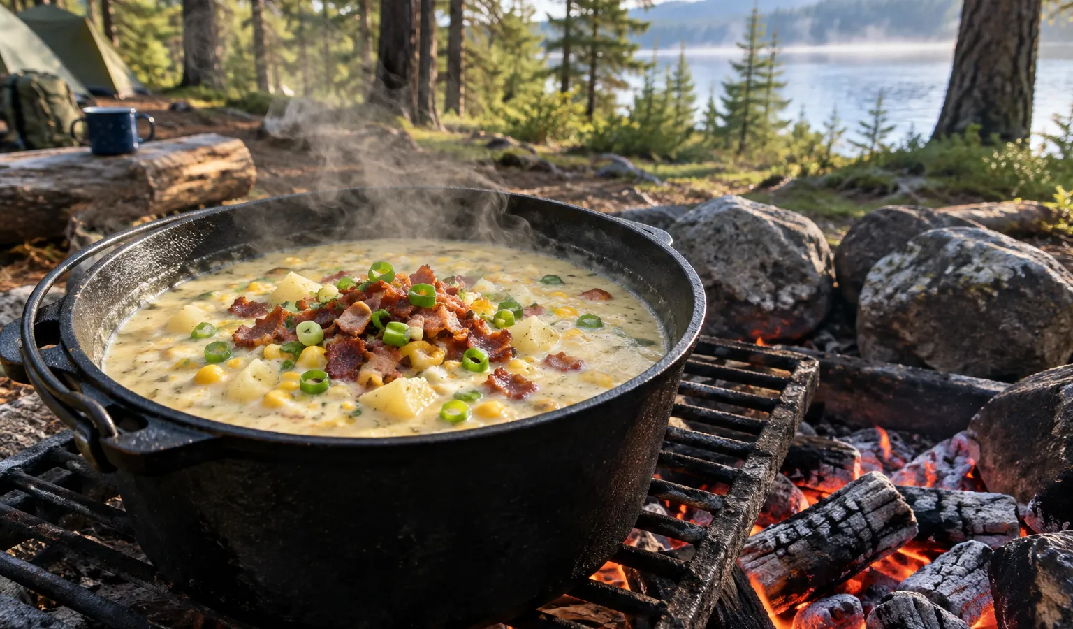 Dutch Oven Campfire Corn and Potato Chowder with Bacon