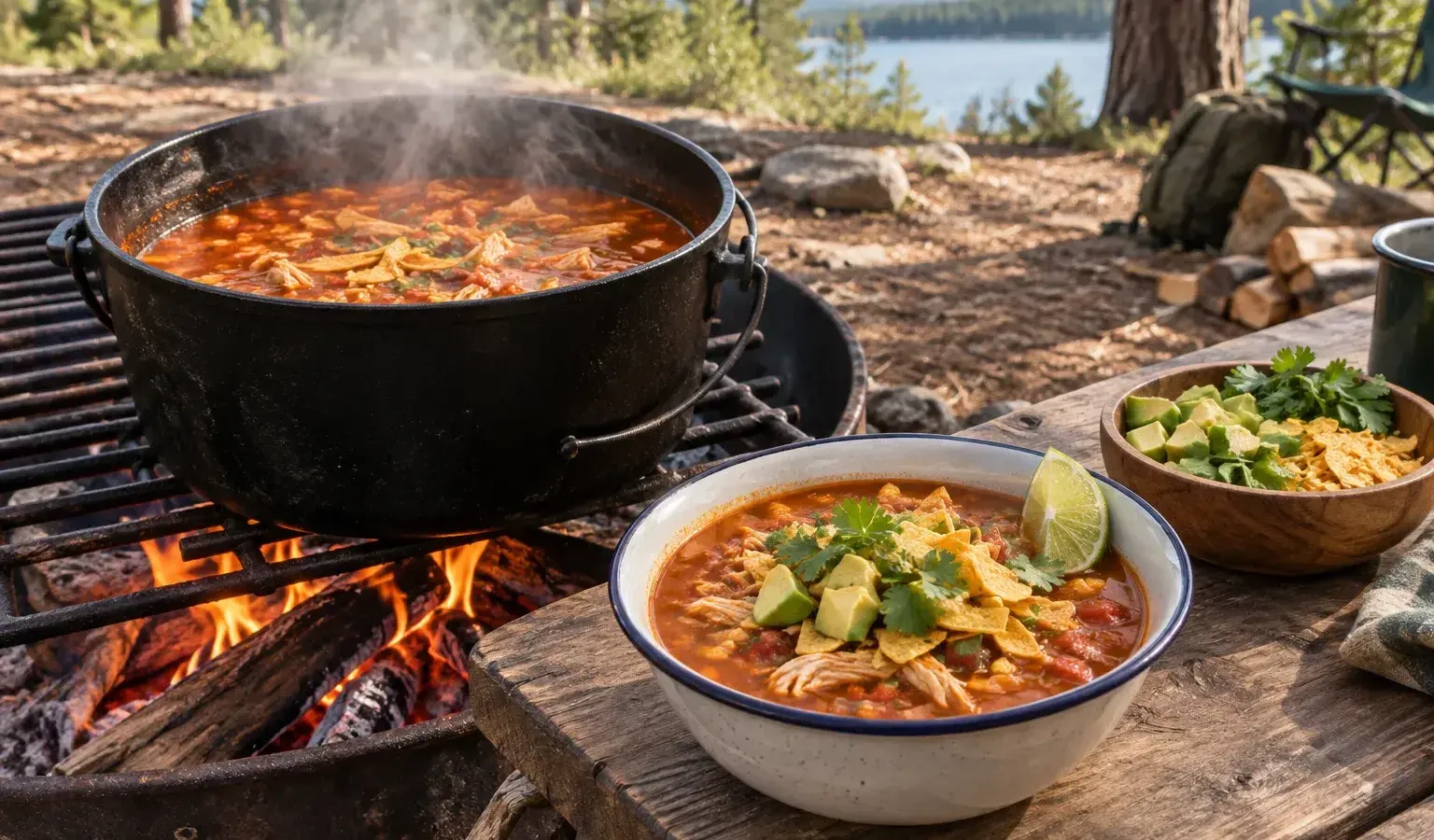 Dutch Oven Chicken Tortilla Soup with Lime and Avocado