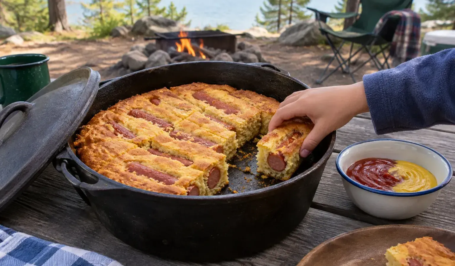 Dutch Oven Corn Dog Bake Bars Kids Can Dunk in Ketchup-Mustard Sauce