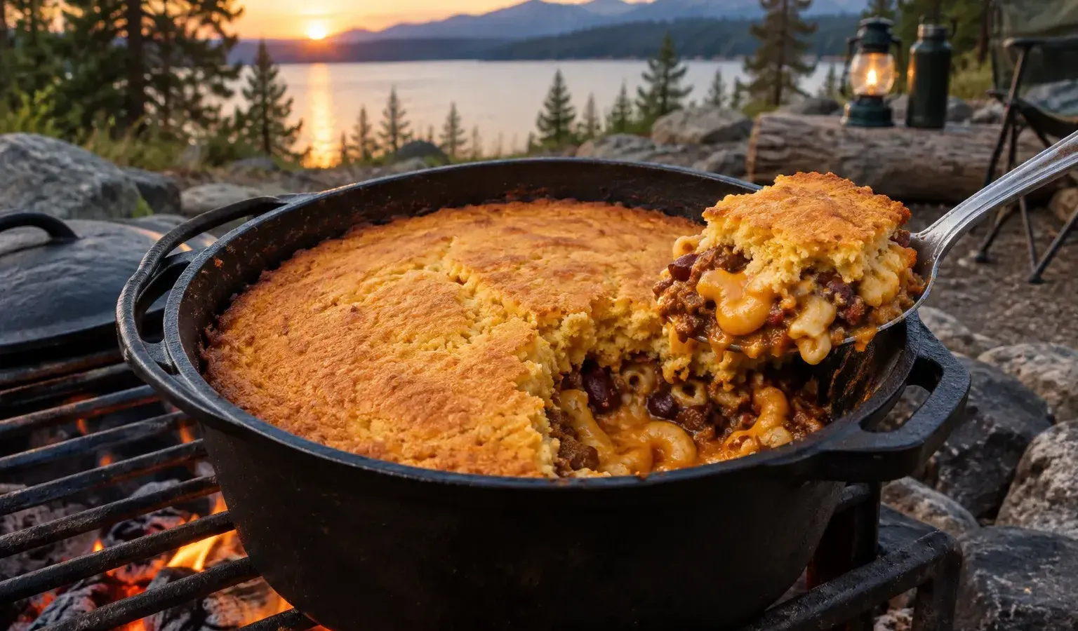 Dutch Oven Cornbread-Topped Chili Mac Bake for a Crowd