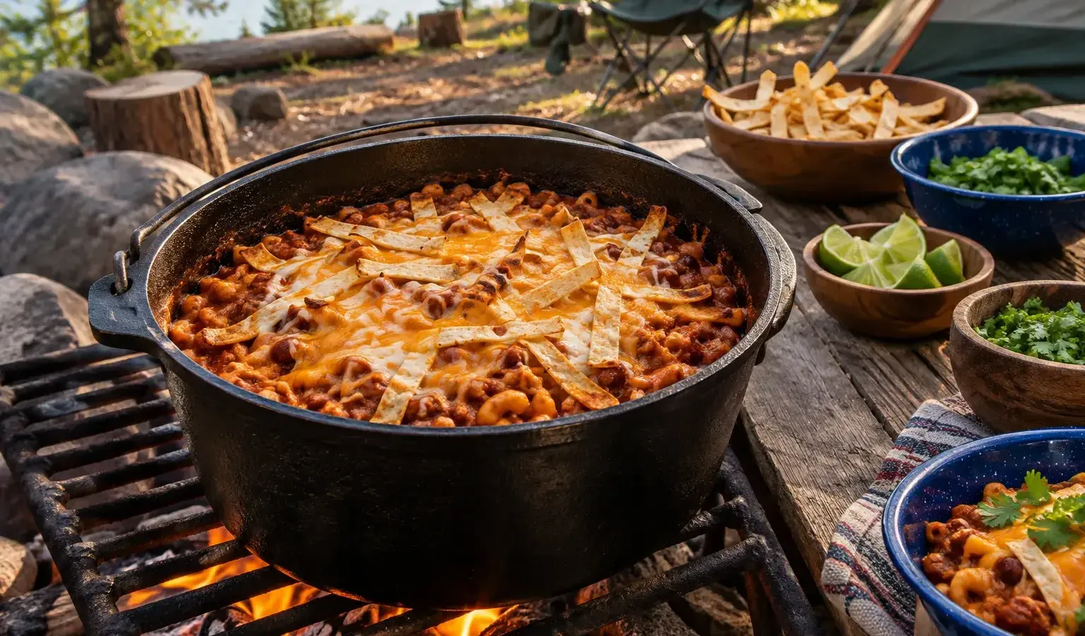 Dutch Oven Enchilada-Style Chili Mac with Torn Corn Tortillas and Red Sauce