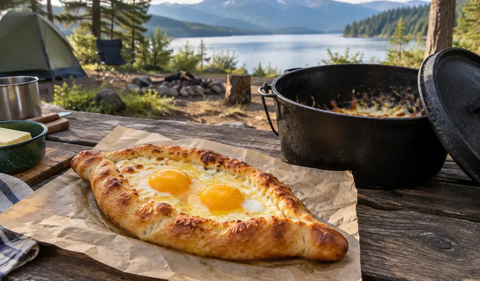 Dutch Oven Khachapuri Breakfast Boat with Feta, Mozzarella and Runny Eggs