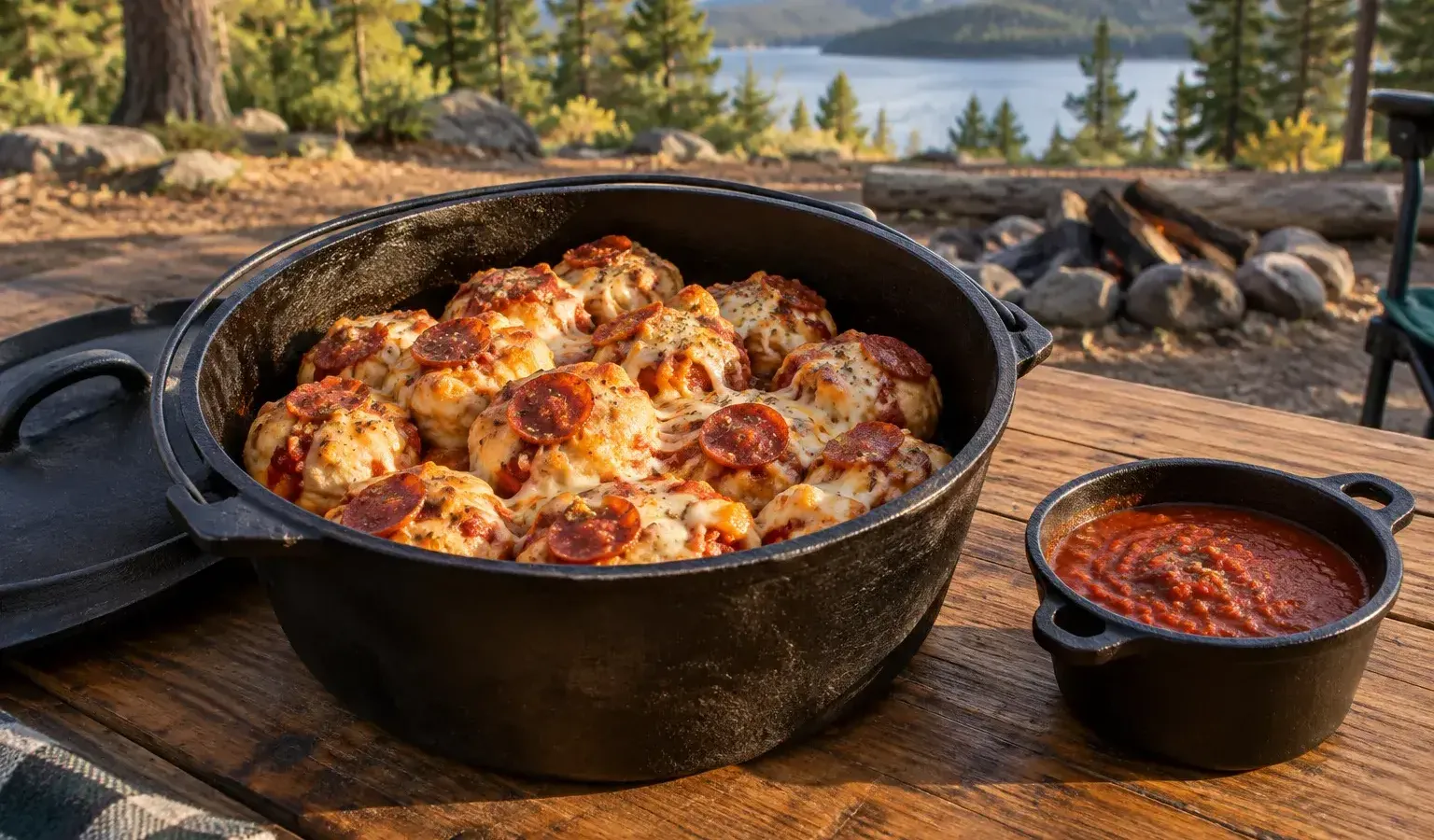 Dutch Oven Pizza Biscuit Pull-Apart Bites with Warm Marinara
