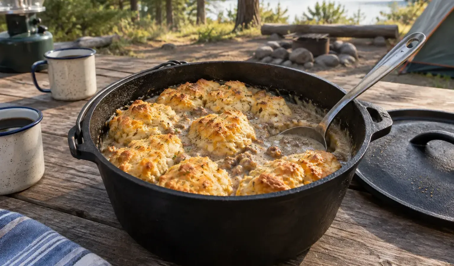Dutch Oven Sausage Gravy Biscuit Bake with Cheddar Drop Biscuits