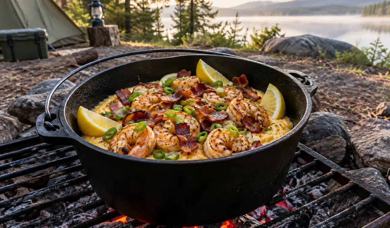 Dutch Oven Shrimp and Cheesy Grits with Bacon and Lemon Pan Sauce