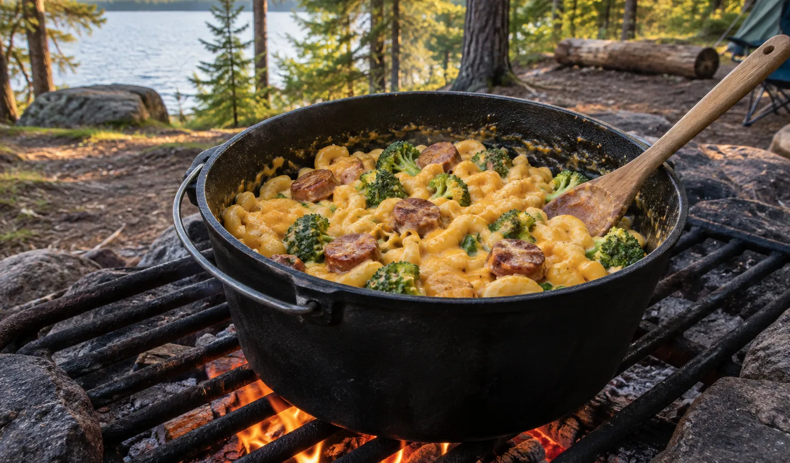 Dutch Oven Smoked Sausage Mac and Cheese with Broccoli