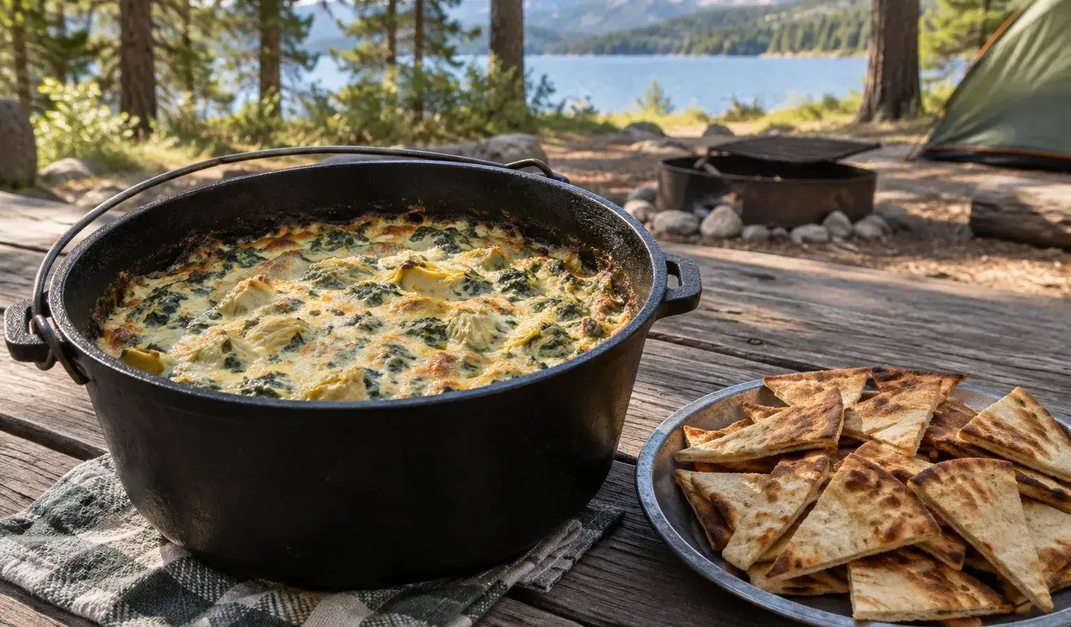 Dutch Oven Spinach Artichoke Dip with Toasted Pita Wedges
