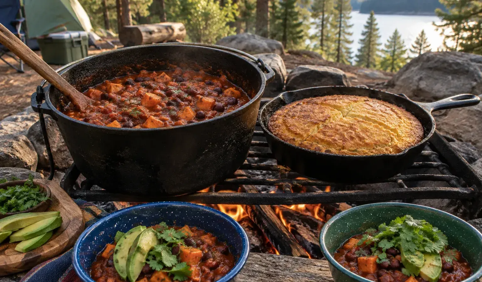 Dutch Oven Vegan Campfire Chili with Sweet Potato and Skillet Cornbread for a Crowd