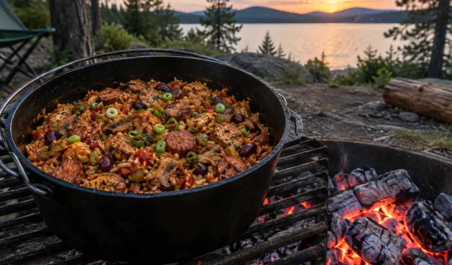 Dutch Oven Vegan Jambalaya with Smoked Mushrooms and Red Beans over the Campfire