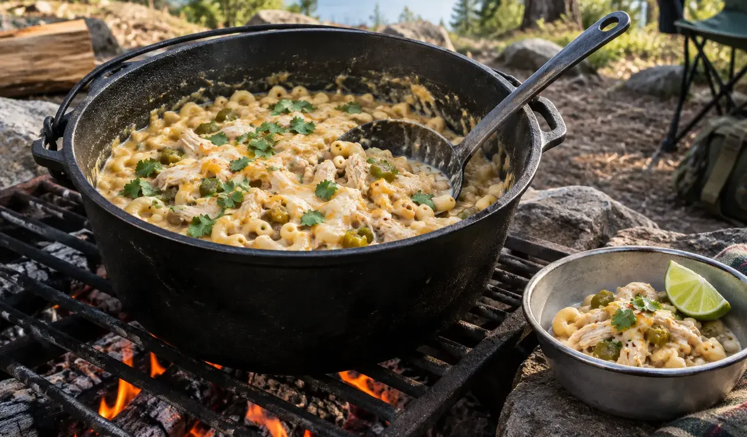 Dutch Oven White Chicken Chili Mac with Green Chiles and Pepper Jack