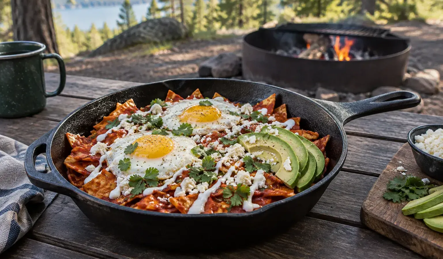 Easy Mexican Breakfast Chilaquiles with Fried Eggs and Queso Fresco in Cast Iron