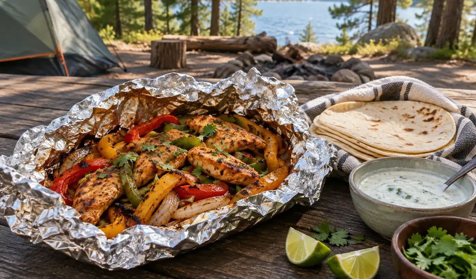 Campfire Chicken Fajita Foil Packets with Lime Crema
