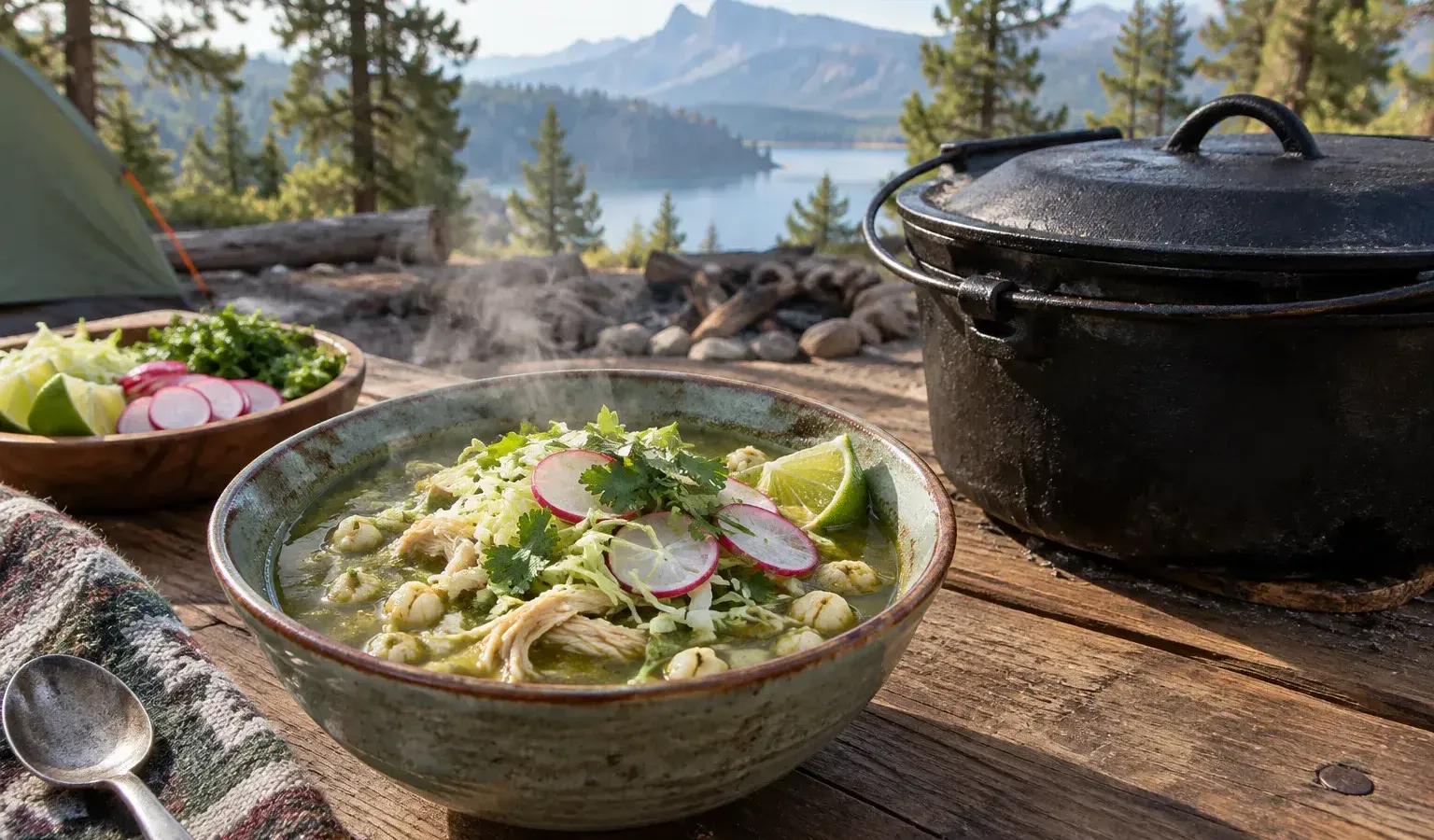 Mexican Pozole Verde in a Dutch Oven with Chicken and Hominy