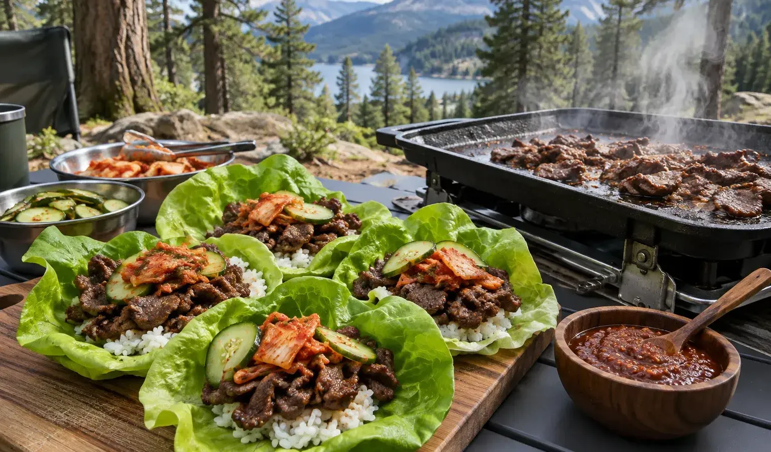 Griddle Bulgogi-Style Ribeye Lettuce Wraps with Ssamjang and Quick Pickled Cucumbers