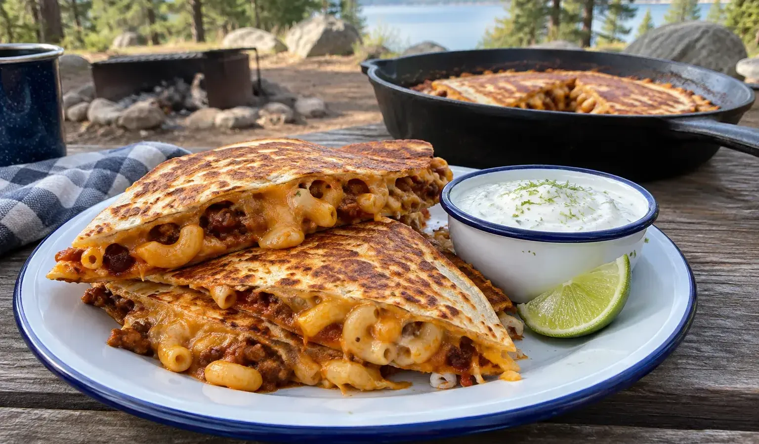 Griddle Chili Mac Quesadillas with Lime Sour Cream