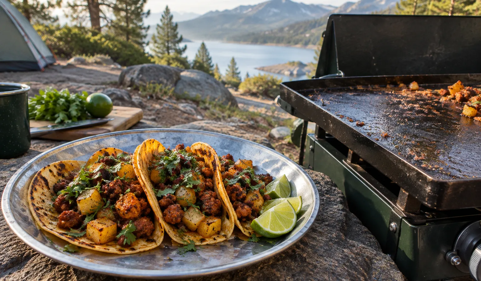 Griddle Crispy Potato and Chorizo Tacos with Lime and Cilantro