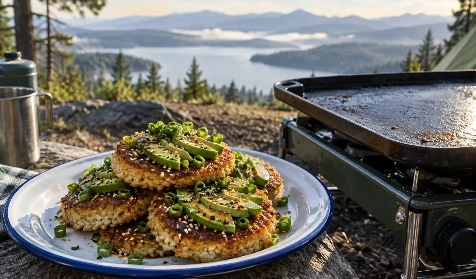 Griddle Crispy Rice Cakes with Soy-Maple Glaze, Avocado and Scallion