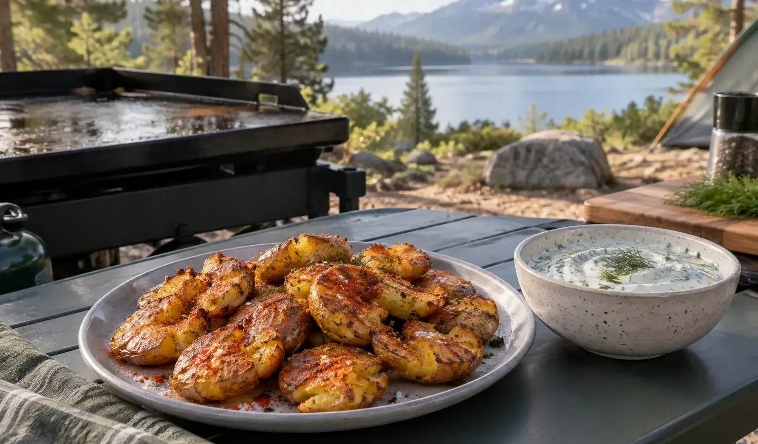 Griddle Crispy Smashed Baby Potatoes with Garlic-Dill Sour Cream Dip