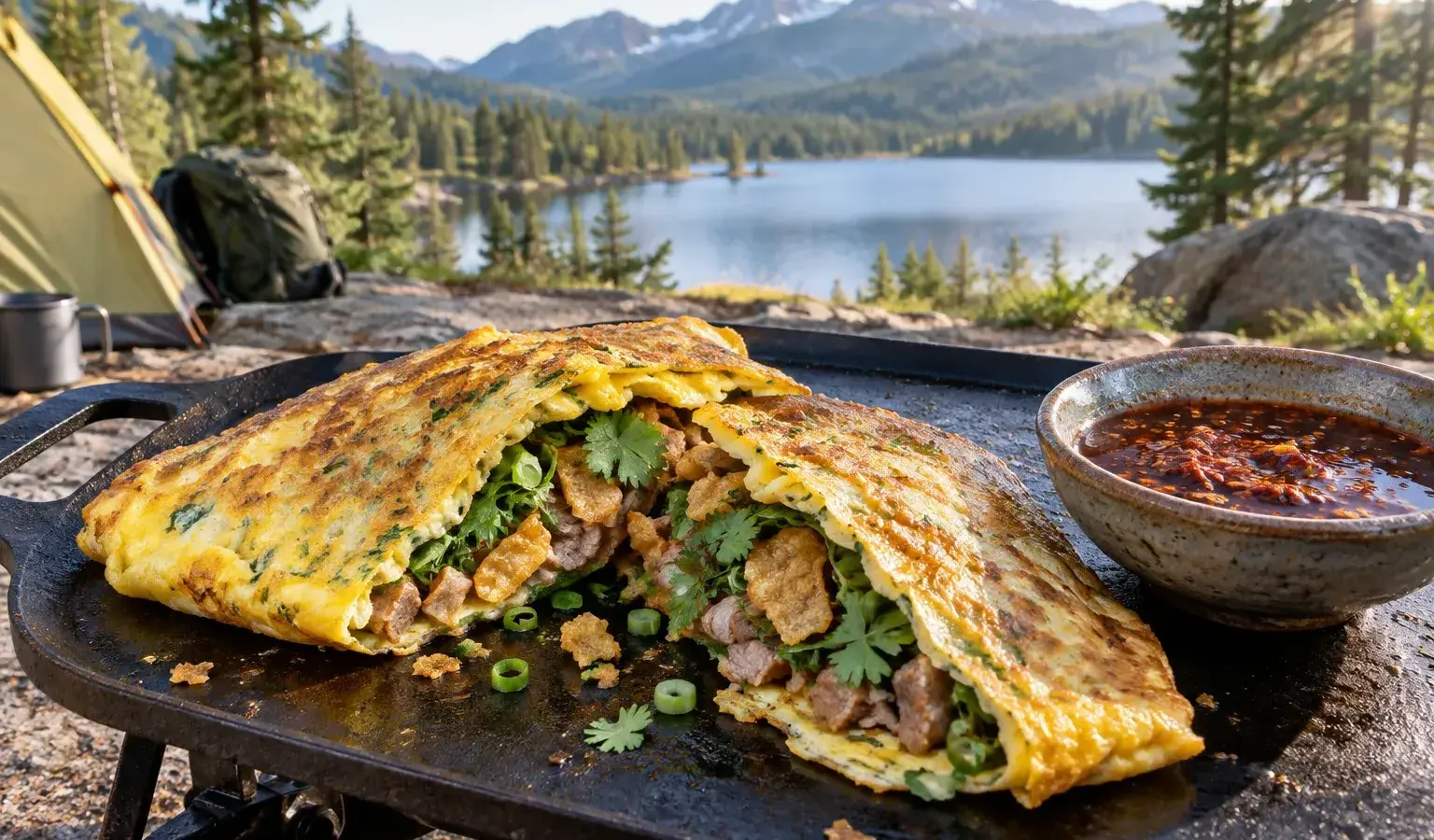 Griddle Jianbing-Style Egg Crepes with Ginger Pork, Crispy Wonton Crunch and Chili-Hoisin