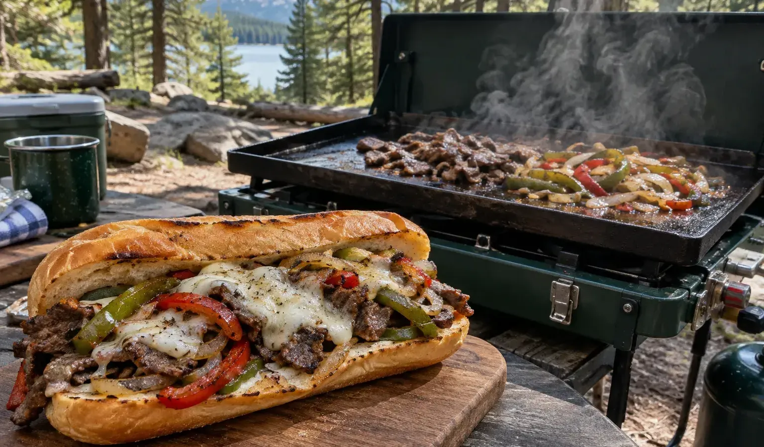 Griddle Ribeye Cheesesteak Sandwiches with Peppers, Onions and Provolone