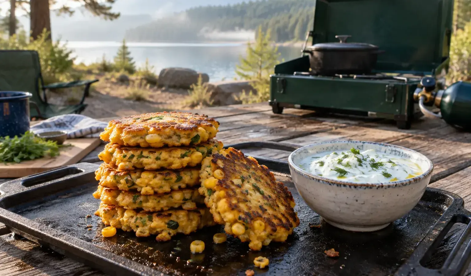 Griddle Sweet Corn Cheddar Fritters with Lemon-Chive Yogurt Dip