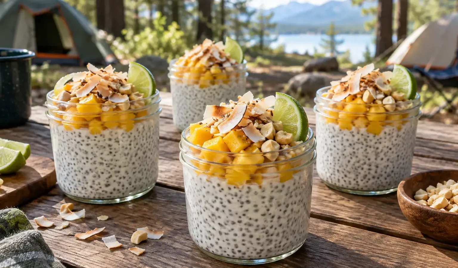 No-Cook Coconut Chia Pudding Jars with Mango, Lime and Toasted Coconut