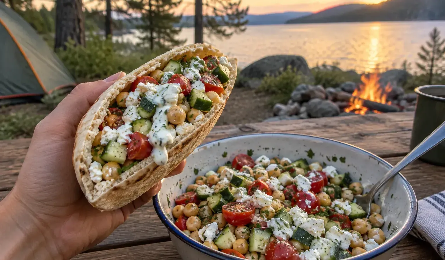 No-Cook Mediterranean Chickpea Pita Pockets with Garlic Yogurt Sauce