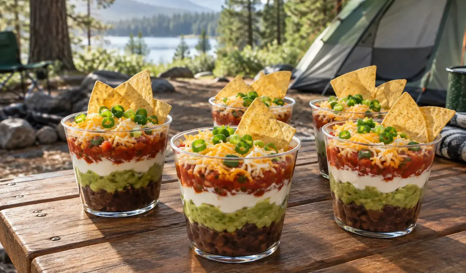 No-Cook Mexican Seven-Layer Dip Cups with Lime Crema and Fresh Guacamole