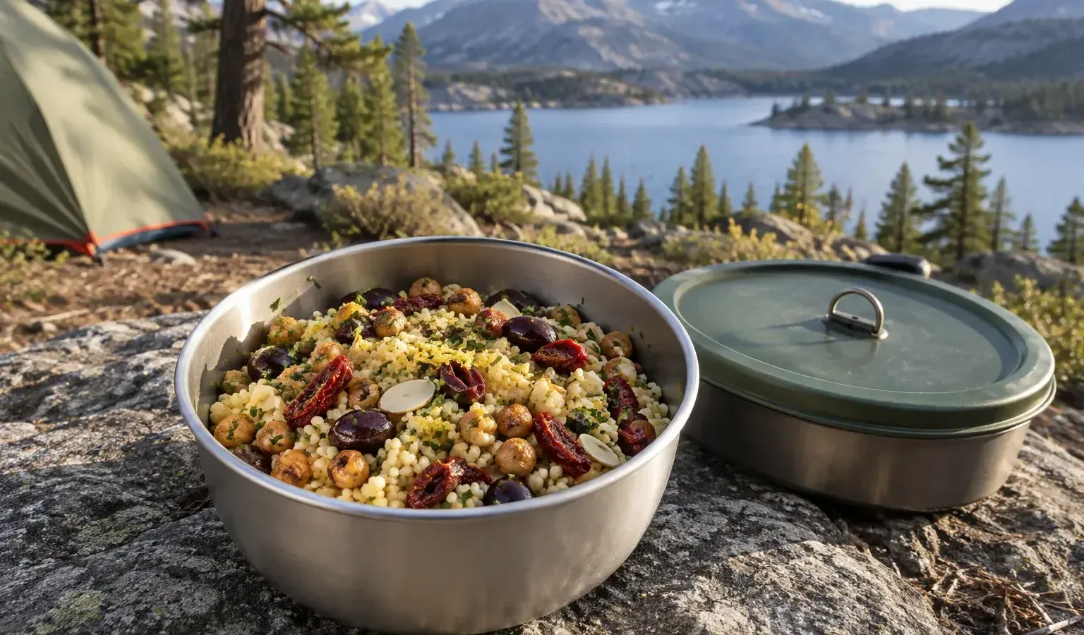 No-Cook, No-Cooler Camp Couscous Salad with Sun-Dried Tomatoes, Olives and Crunchy Chickpeas