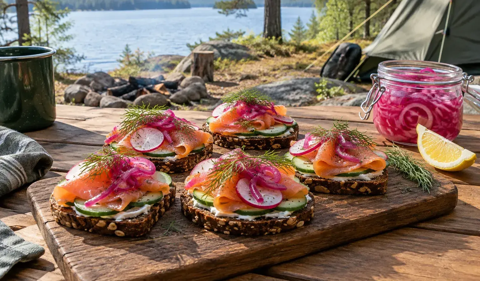 No-Cook Smoked Salmon Rye Toasts with Dill Cream Cheese and Quick-Pickled Red Onions