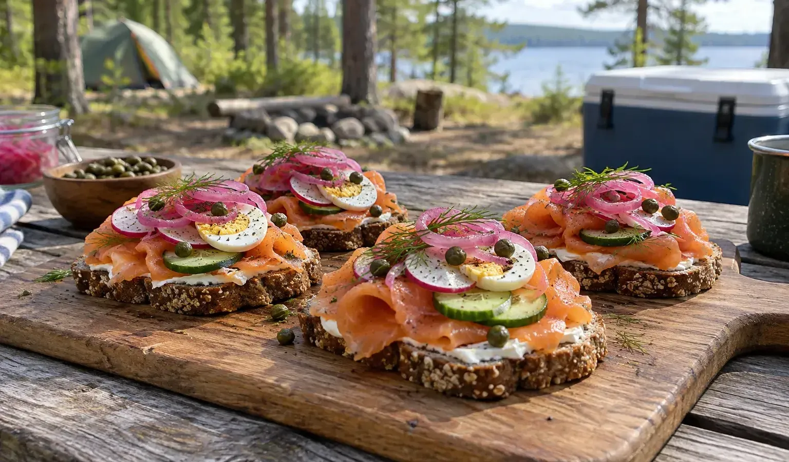 No-Cook Smoked Salmon Smørrebrød Board with Dill Crème Fraîche and Quick-Pickled Red Onion